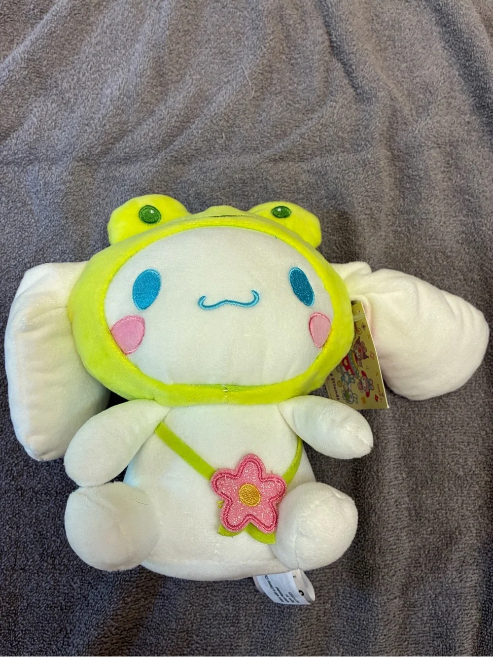 Hello Kitty Cinnamoroll Plush in Bright Lime Frog Hat with Pink Flower